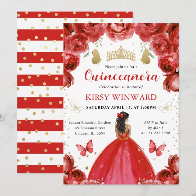 Invitación Rojo Vestido Oscuro Princesa Quinceanera (Anverso / Reverso)