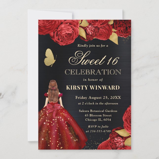 Invitación Rojo Vestido Red Haired Mujer Flores Dulce 16 (Anverso)