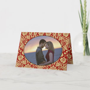 Invitación Rojo victoriano y Tan Floral Damask Photo Boda