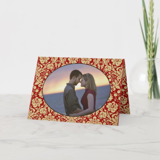 Invitación Rojo victoriano y Tan Floral Damask Photo Boda (Anverso)