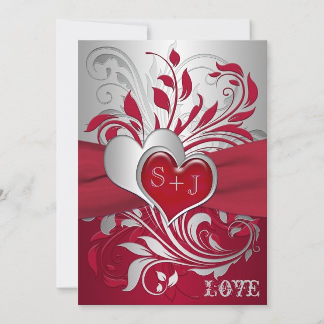 Invitación Rojo, volutas de plata, corazones que casan la (Anverso)
