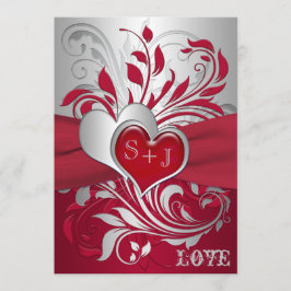 Invitación Rojo, volutas de plata, corazones que casan la