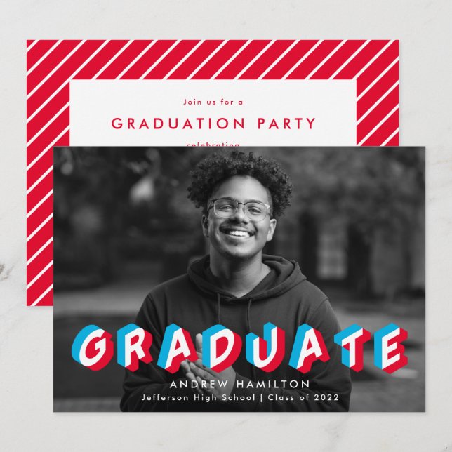 Invitación Rojo y azul| Partido de graduación fotográfica de  (Anverso / Reverso)