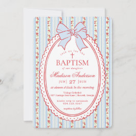 Invitación Rojo y Azul Vintage Floral Elegante Bautizo