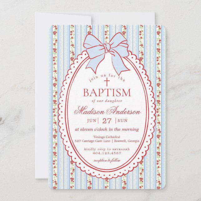 Invitación Rojo y Azul Vintage Floral Elegante Bautizo (Anverso)