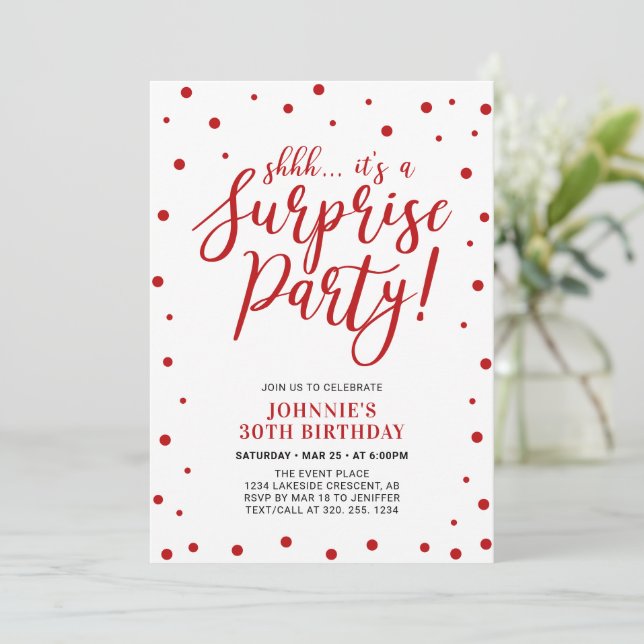 Invitación Rojo y Blanco | Fiesta de Cumpleaños Sorpresa para (Anverso de pie)