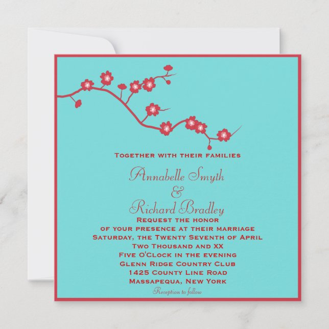 Invitación Rojo y boda floral de la turquesa (Anverso)
