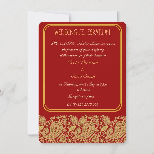 Invitación Rojo y boda hindú de Paisley del oro (Anverso)