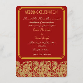 Invitación Rojo y boda hindú de Paisley del oro