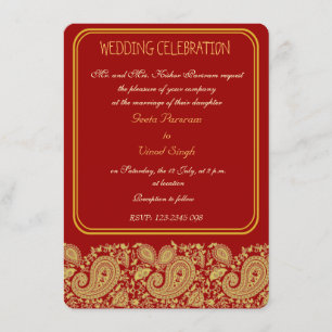 Invitación Rojo y boda hindú de Paisley del oro