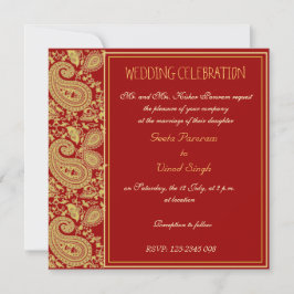 Invitación Rojo y boda hindú de Paisley del oro