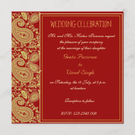 Invitación Rojo y boda hindú de Paisley del oro