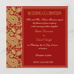 Invitación Rojo y boda hindú de Paisley del oro