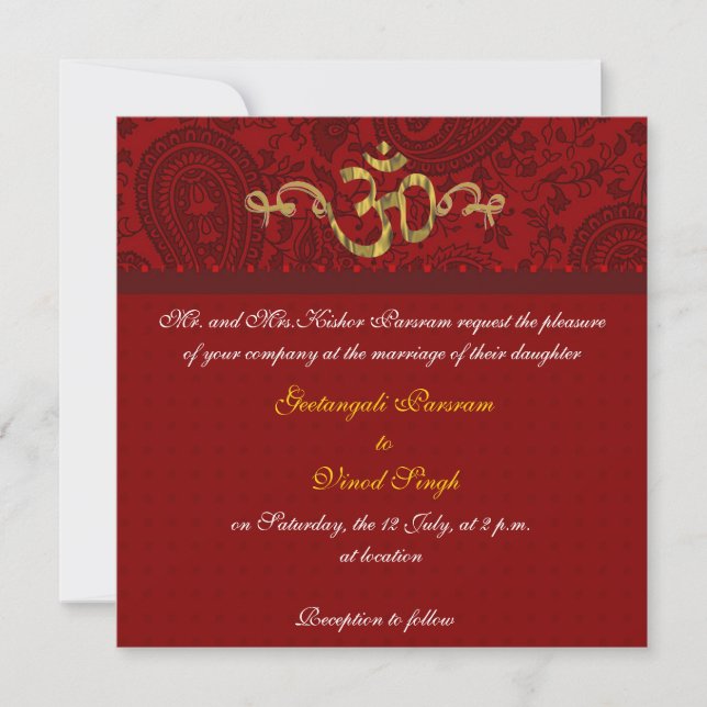 Invitación Rojo y boda hindú del brocado del damasco del oro (Anverso)