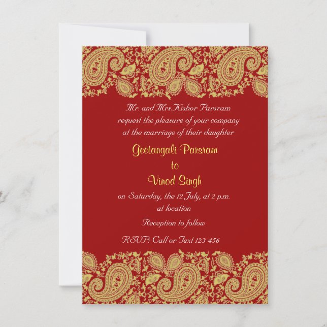Invitación Rojo y boda india del oro (Anverso)