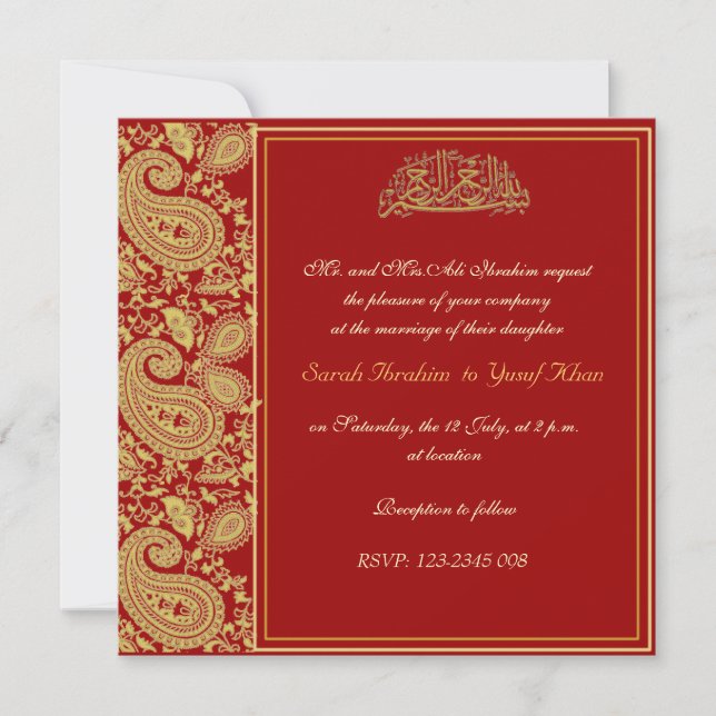 Invitación Rojo y boda musulmán del oro (Anverso)