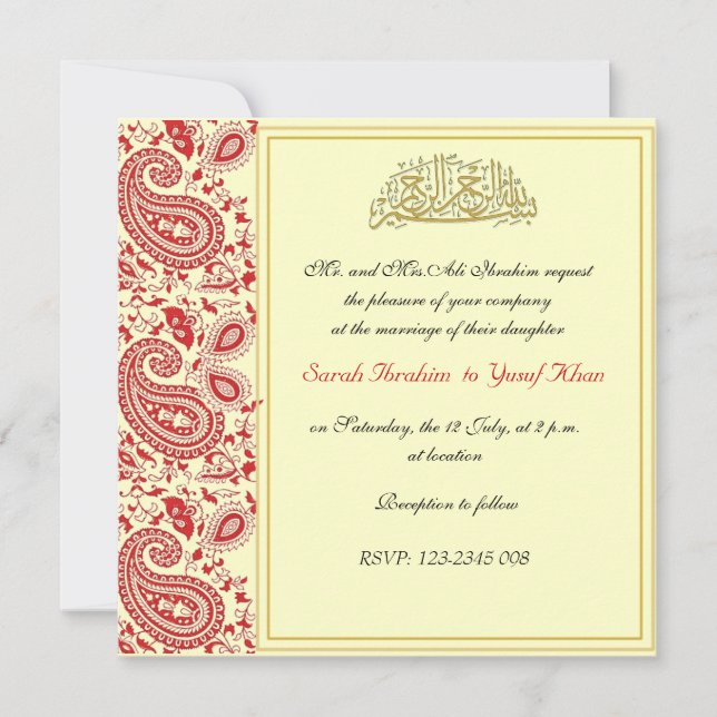 Invitación Rojo y boda musulmán del oro (Anverso)
