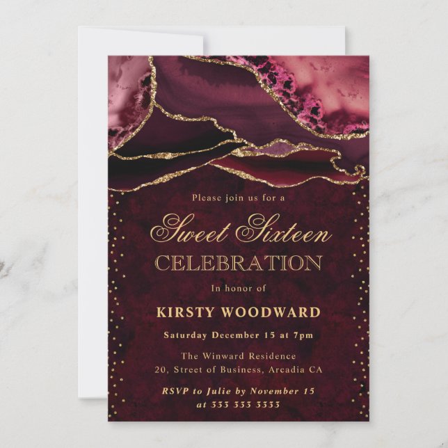 Invitación Rojo y Dorado Agata Brillante Cumpleaños 16 (Anverso)