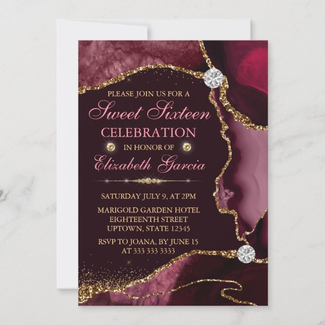 Invitación Rojo y Dorado Agata Falsa Brillante Dulces Diecisé (Anverso)