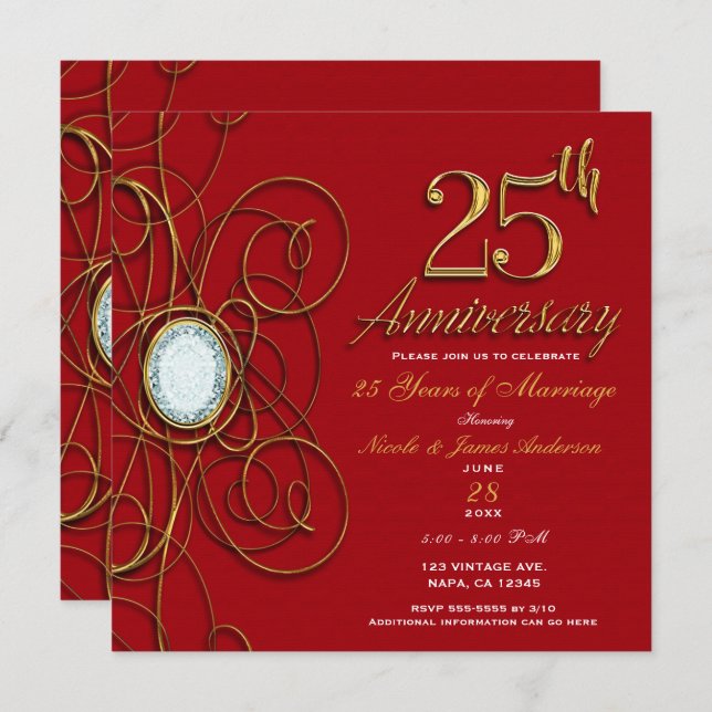 Invitación Rojo y dorado Diamante Elegante 25 Aniversario 25 (Anverso / Reverso)