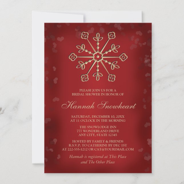 INVITACIÓN ROJO Y DUCHA NUPCIAL DEL COPO DE NIEVE DEL ORO (Anverso)