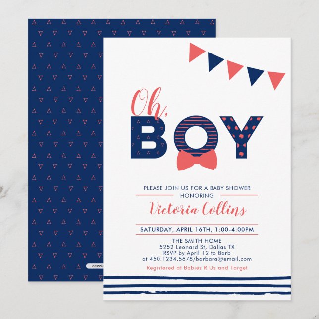 Invitación Rojo y Marina | Moderna Typography Boy Baby Shower (Anverso / Reverso)