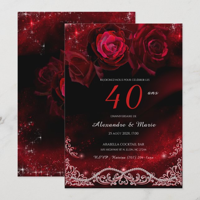Invitación Rojo y Negro 40º Aniversario de Boda (Anverso / Reverso)