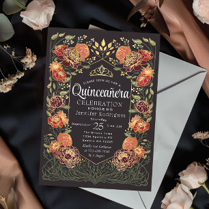 Invitación Rojo y Negro Encantado Floral Jardín Quinceanera