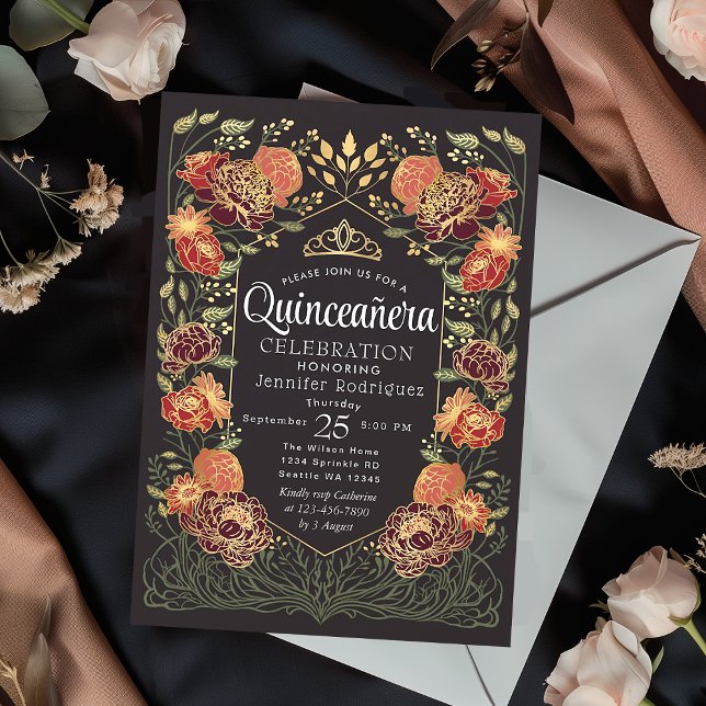 Invitación Rojo y Negro Encantado Floral Jardín Quinceanera (Subido por el creador)
