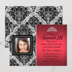 Invitación Rojo y Negro Glitter Damask Foto Dulces 16