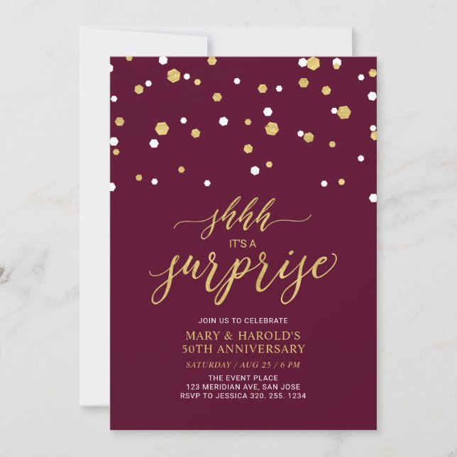 Invitación Rojo y Oro | 50° Aniversario del Boda Sorprendedor (Anverso)