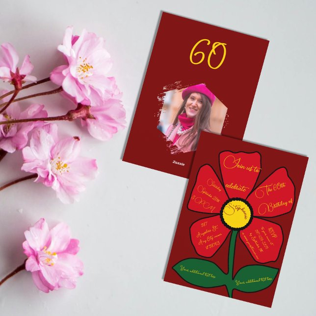 Invitación Rojo y Oro 60 cumpleaños Flor simple de garabatos (Subido por el creador)