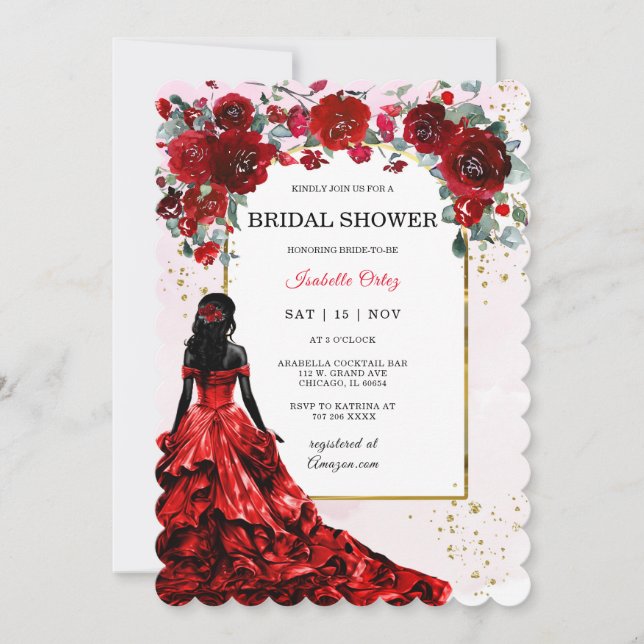 Invitación Rojo y oro de la ducha de novia afroamericana (Anverso)