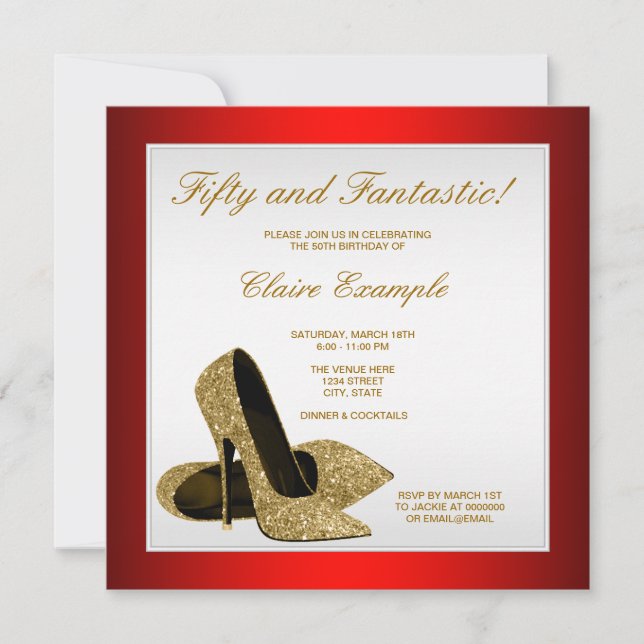 Invitación Rojo y Oro de tacones altos mujeres 50 cumpleaños (Anverso)