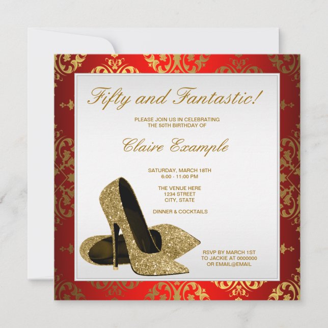 Invitación Rojo y Oro de tacones altos mujeres 50 cumpleaños (Anverso)