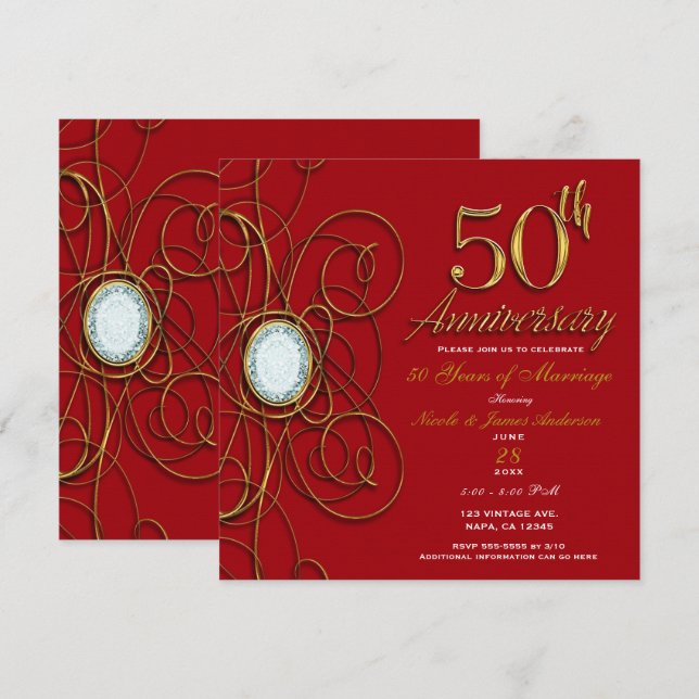 Invitación Rojo y Oro Elegante Diamante 50 50 Aniversario (Anverso / Reverso)