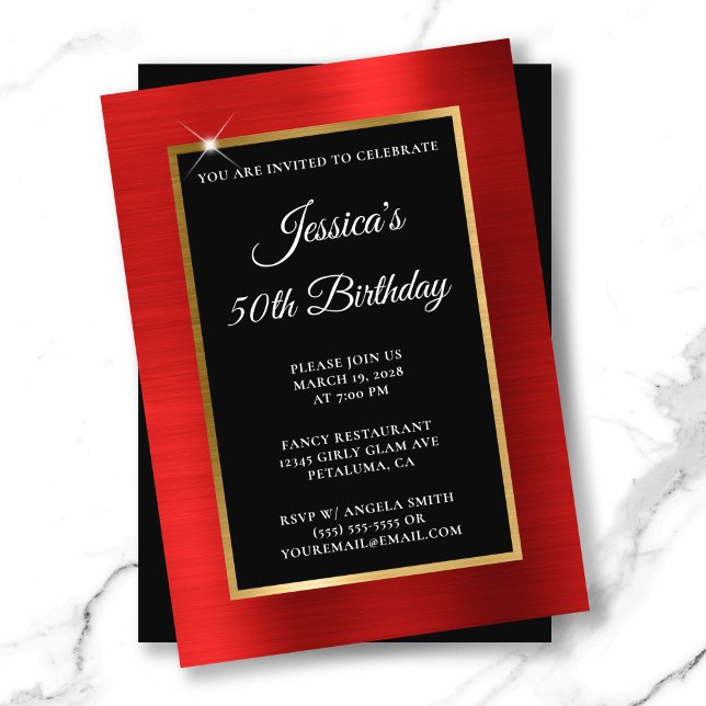 Invitación Rojo y Relieve metalizado dorado Negro 50 cumpleañ (Red and Gold Foil Black 50th Birthday Invitation)