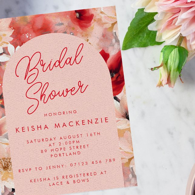 Invitación Rojo y Rosa Abstract Floral Arch Brich Shower (Subido por el creador)