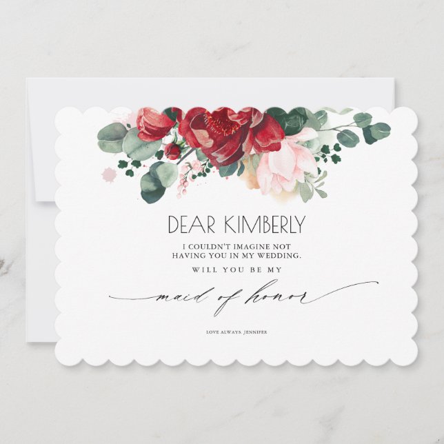 Invitación Rojo y rosa de Borgoña serás mi empleada de honor (Anverso)