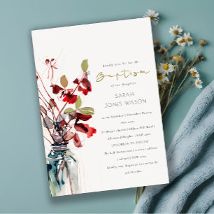 Invitación Rojos Verdes Florales Vintage Boho Bautizo