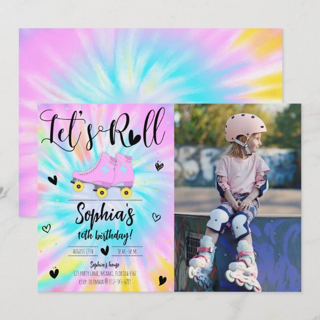 Invitación Roll Chica Tie Dye Fofé de fiesta de cumpleaños (Anverso / Reverso)