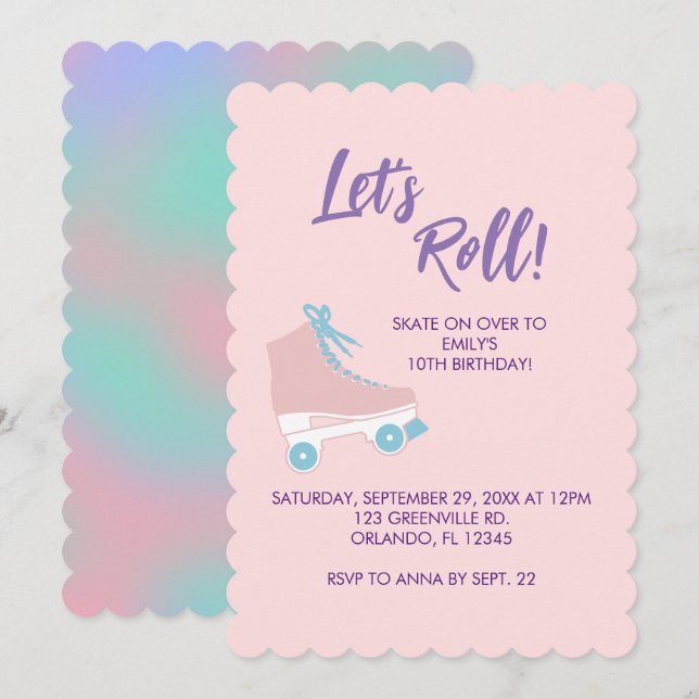 Invitación Roll Pink 90s Chica Roller Rink Birthday (Anverso / Reverso)