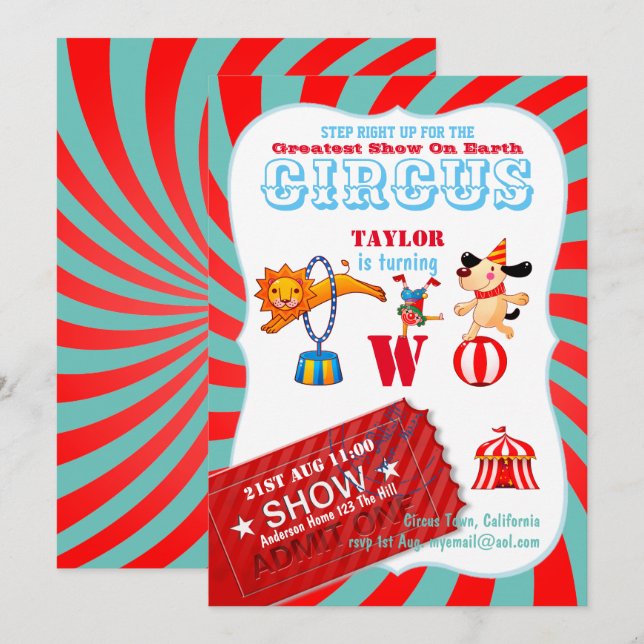 Invitación ROLL UP CIRCUS 2do Nacimiento Niño Chica Gran Show (Anverso / Reverso)