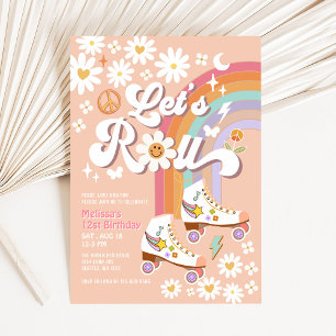 Invitación Rollemos Retro Groovy Roller Skate Daisy Cumpleaño