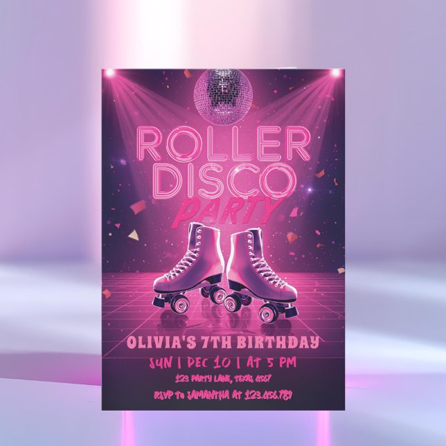 Invitación Roller Disco Party Birthday Invitation | Neon Pink (Subido por el creador)