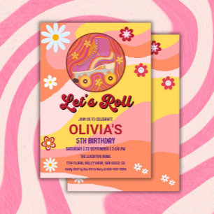Invitación Roller Skate Groovy Retro Chica Fiesta de Cumpleañ