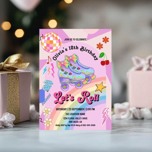 Invitación Roller Skate Groovy Retro Chica Fiesta de Cumpleañ (Roller Skate Groovy Retro Girl Birthday Party Invitation)