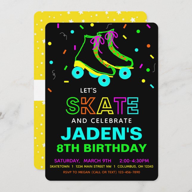 Invitación Roller Skate Neon Birthday Party (Anverso / Reverso)