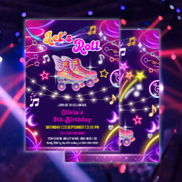 Invitación Roller Skate Retro Neon Glow Chica Fiesta de cumpl