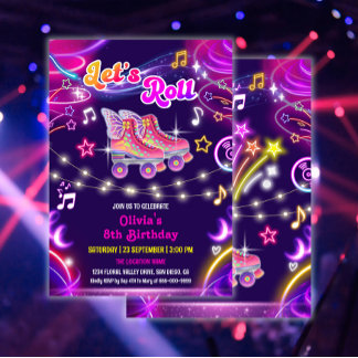 Invitación Roller Skate Retro Neon Glow Chica Fiesta de cumpl